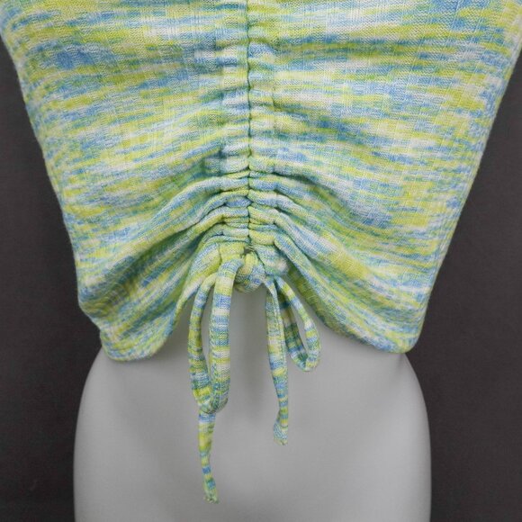 Women Baby Tee Top Small Green Y2K Cropped Knit Ribbed Drawstring Statement - Picture 3 of 13